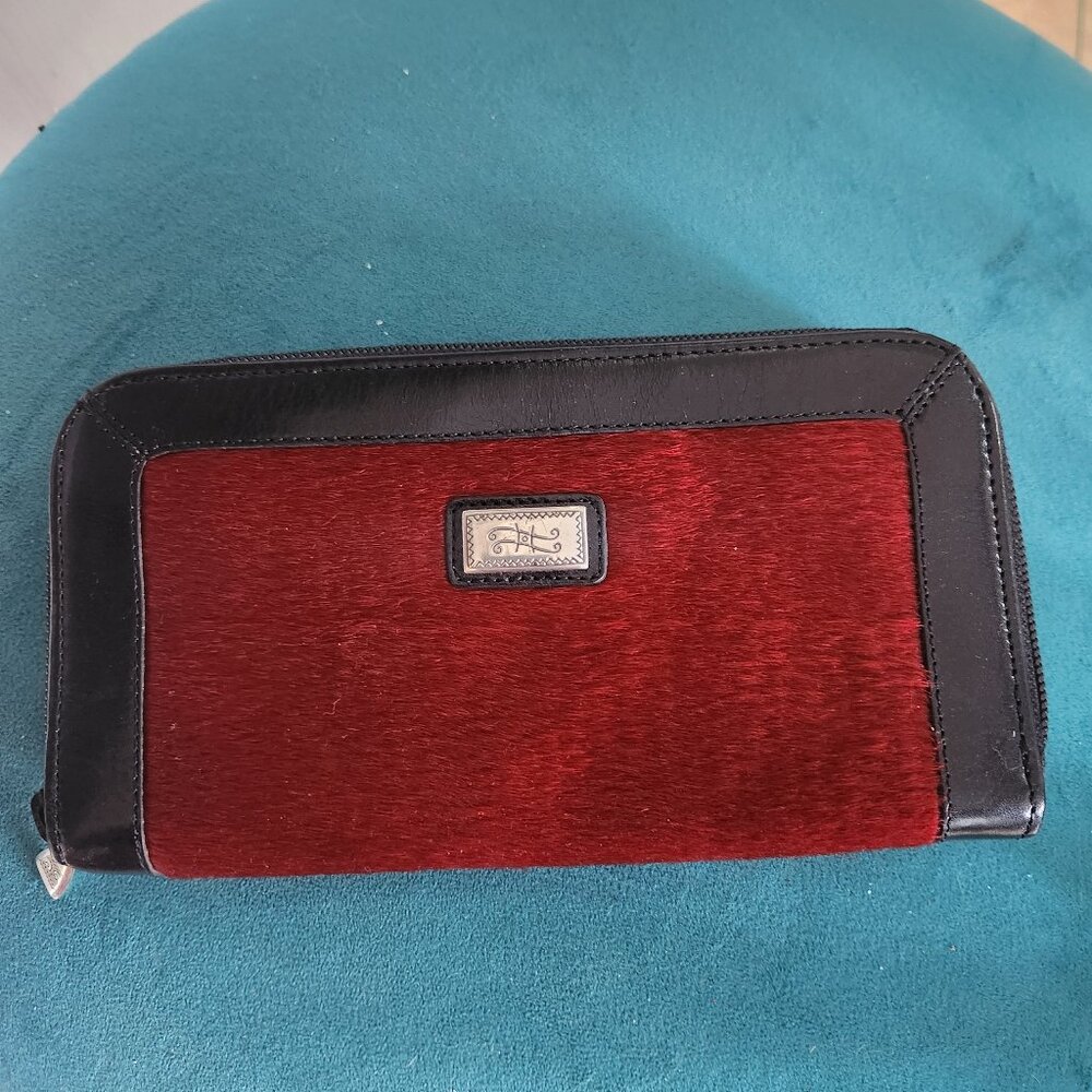 BRIGHTON ~ Burgundy Maroon PONY HAIR & Black Leather Zip Wallet Clutch ~ EUC